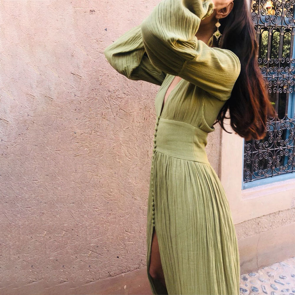 Valenzora | Lantern sleeve long split dress