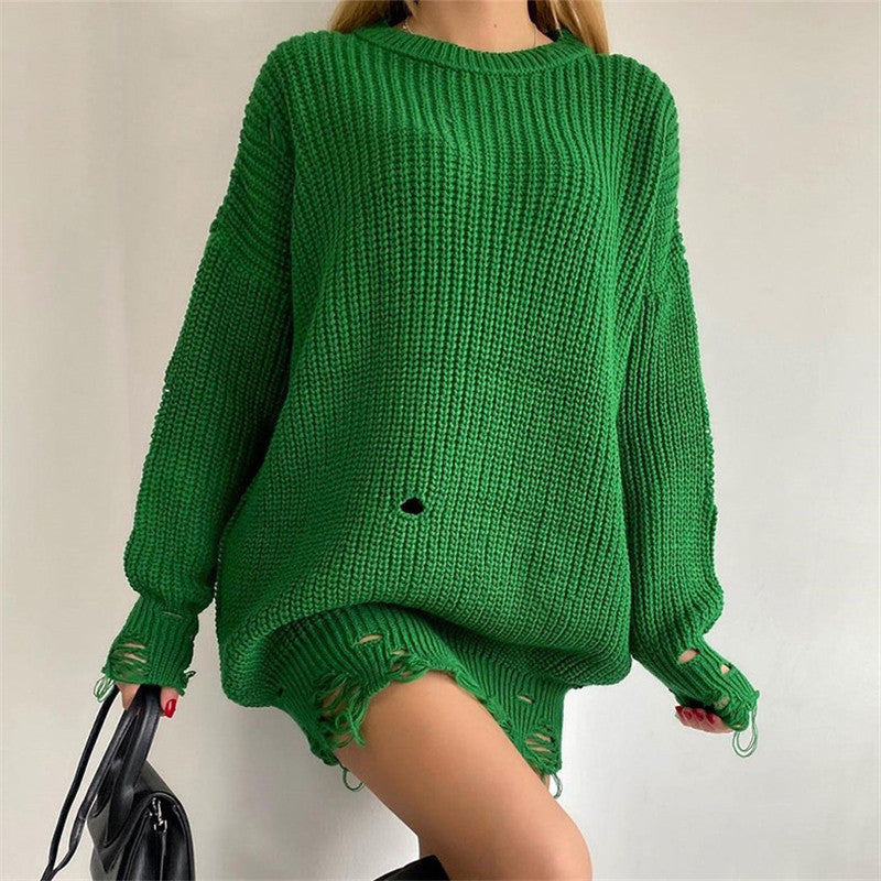 Valenzora Ripped O Neck Oversized Sweater Dress