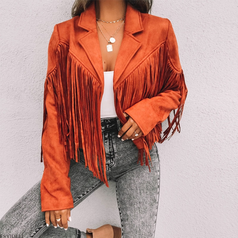 Valenzora Suede Jacket with Fringes | Women's Tassel Cardigan for Trendy Outfits