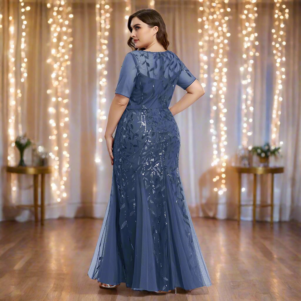Valenzora | Women's Plus Size Evening Dress with Sequins and Mesh Embroidery in Mermaid Style