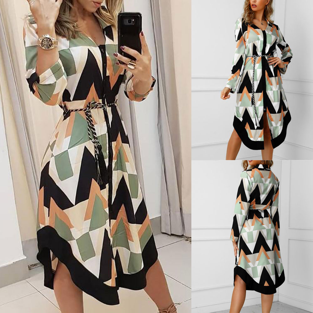 Valenzora Wave Print Long Sleeve Dress