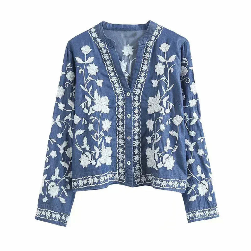 Valenzora | Denim jacket with embroidered floral pattern, button closure, relaxed fit