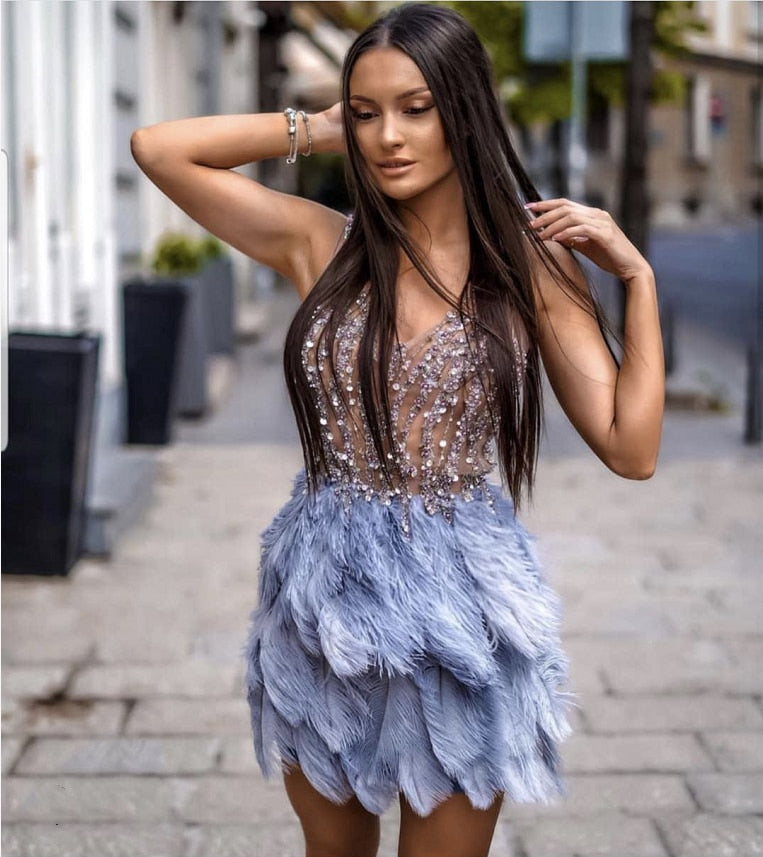 Valenzora | Feather Sequin Sleeveless Mini Dresses