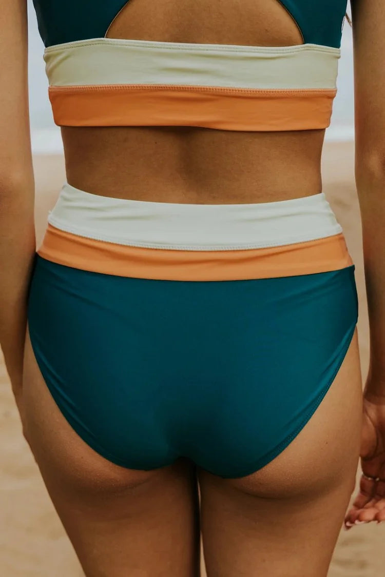 Valenzora | High Waist Colorblock Marine Cut Back Crop Bikini Set