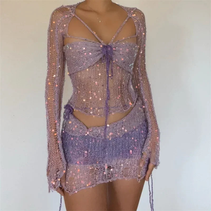 Valenzora Two-piece long-sleeved sequined knit top with neckline and bodycon skirt