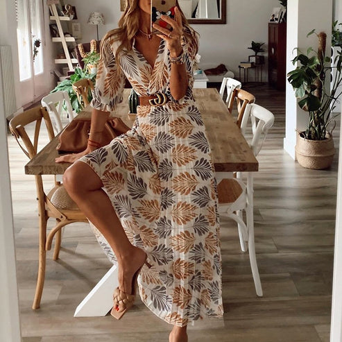 Valenzora - Dress with neutral leaves