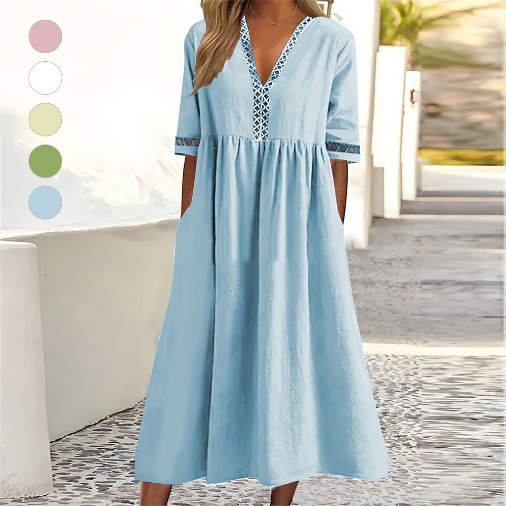 Valenzora | Casual, loose-fitting summer dress made of cotton and linen with a V-neck and short sleeves