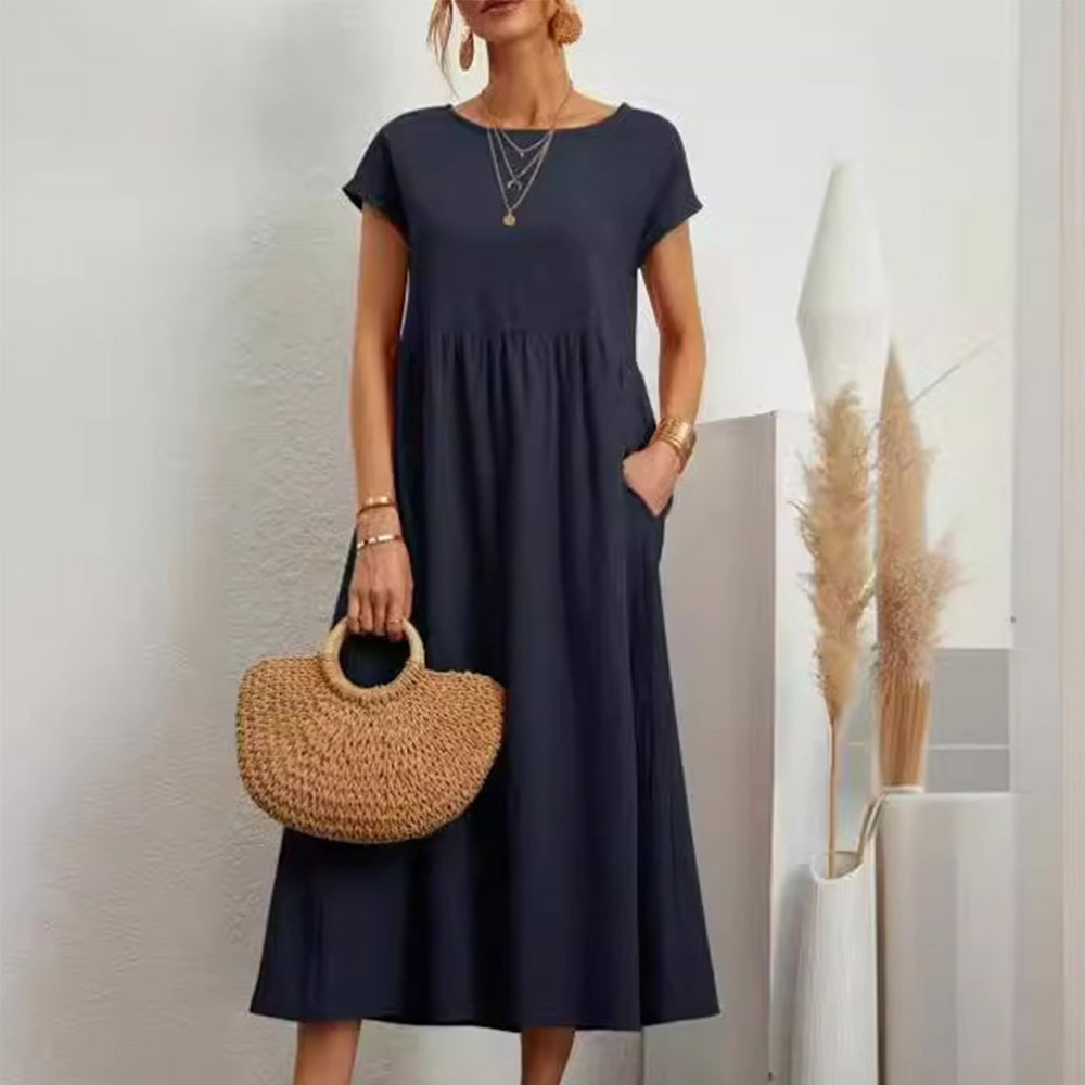 Valenzora | Loose round-neck summer midi dress made of cotton and linen