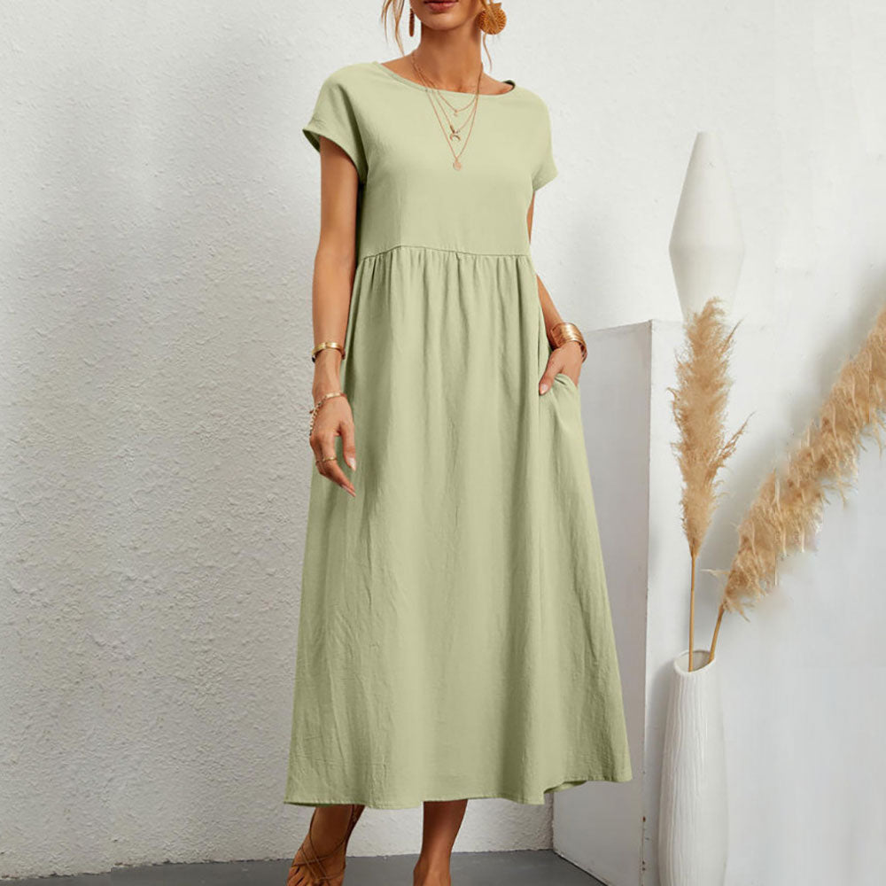 Valenzora | Loose round-neck summer midi dress made of cotton and linen