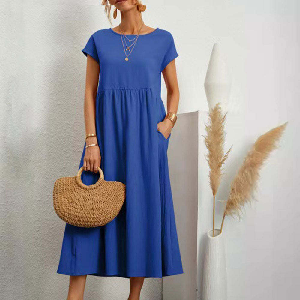 Valenzora | Loose round-neck summer midi dress made of cotton and linen