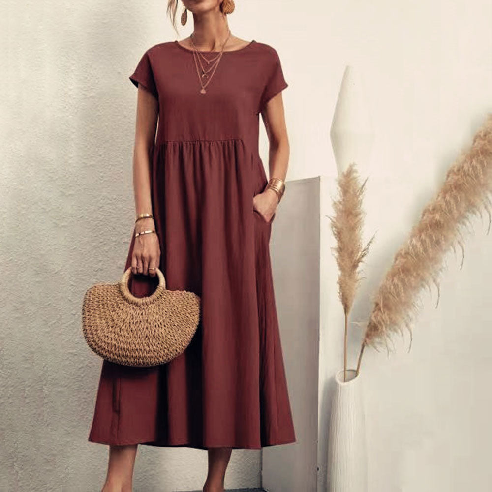 Valenzora | Loose round-neck summer midi dress made of cotton and linen