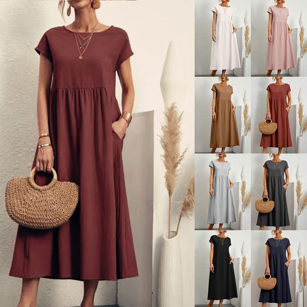 Valenzora | Loose round-neck summer midi dress made of cotton and linen