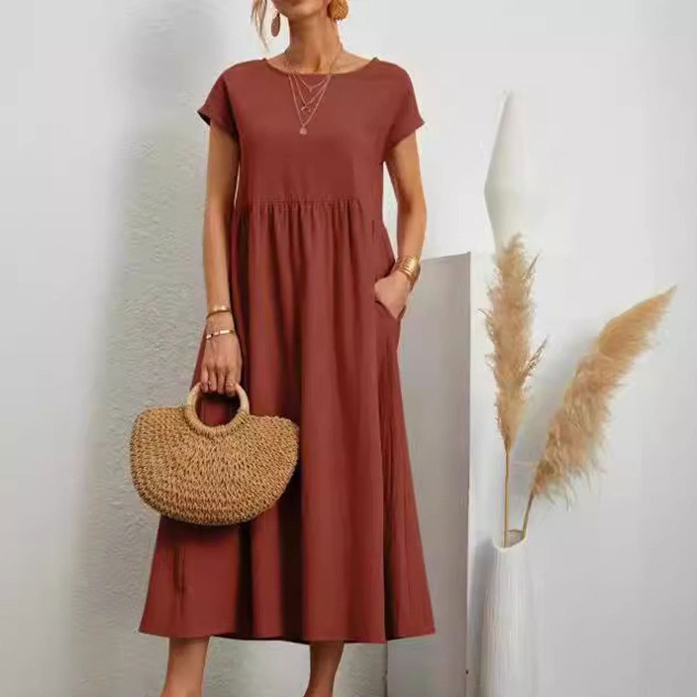 Valenzora | Loose round-neck summer midi dress made of cotton and linen