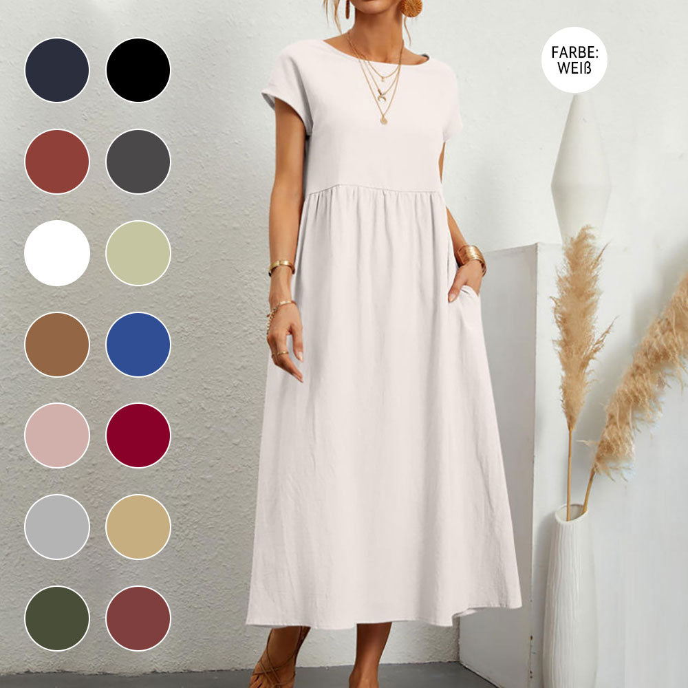 Valenzora | Loose round-neck summer midi dress made of cotton and linen