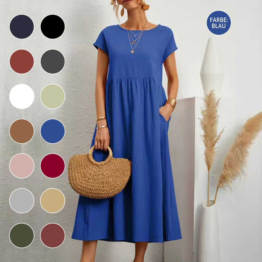 Valenzora | Loose round-neck summer midi dress made of cotton and linen