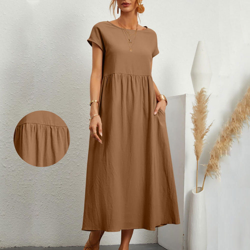 Valenzora | Loose round-neck summer midi dress made of cotton and linen