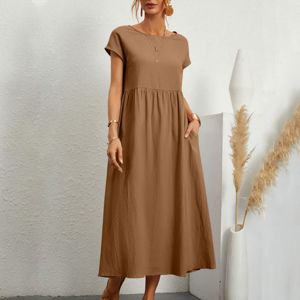 Valenzora | Loose round-neck summer midi dress made of cotton and linen
