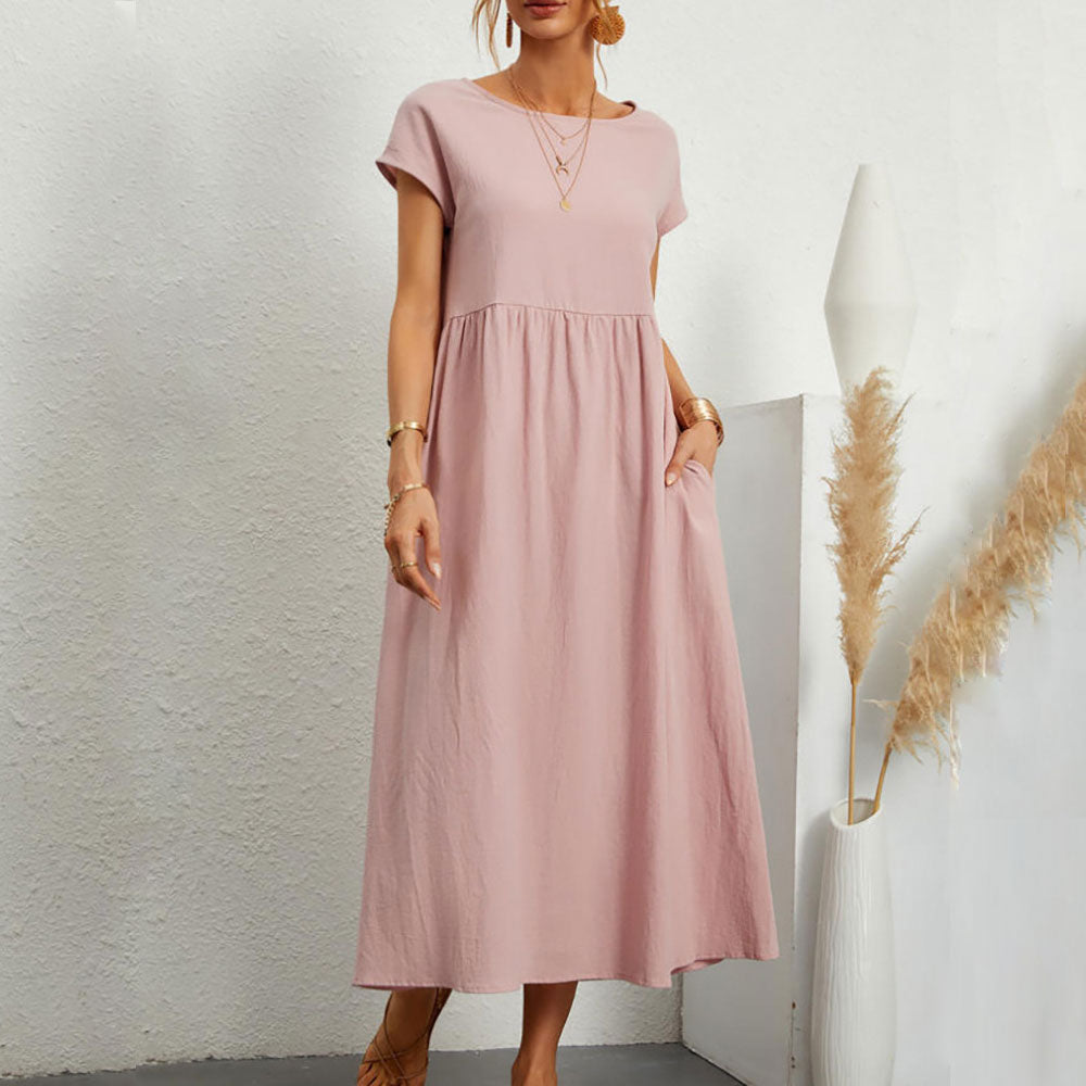 Valenzora | Loose round-neck summer midi dress made of cotton and linen