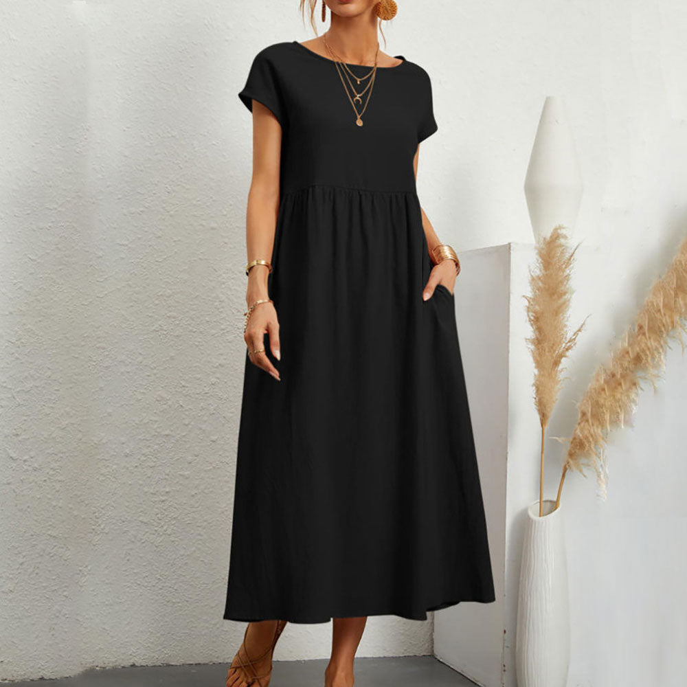 Valenzora | Loose round-neck summer midi dress made of cotton and linen