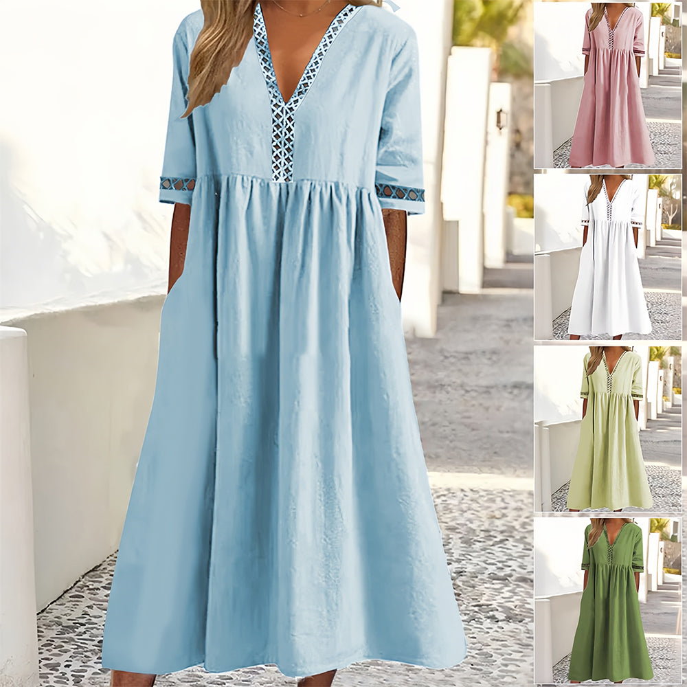 Valenzora | Casual, loose-fitting summer dress made of cotton and linen with a V-neck and short sleeves