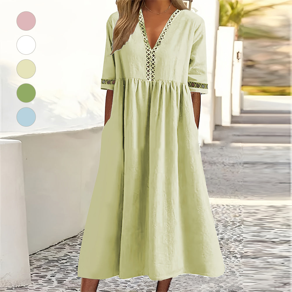 Valenzora | Casual, loose-fitting summer dress made of cotton and linen with a V-neck and short sleeves