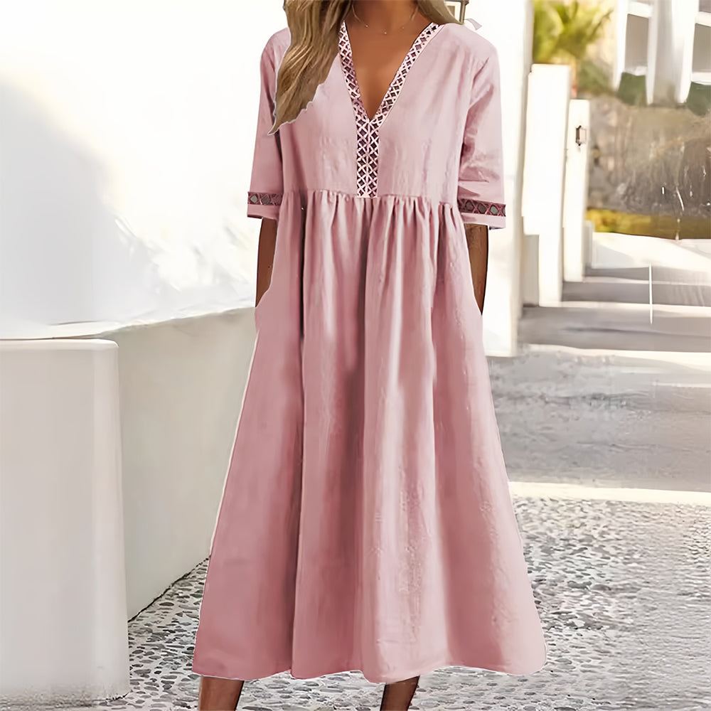 Valenzora | Casual, loose-fitting summer dress made of cotton and linen with a V-neck and short sleeves