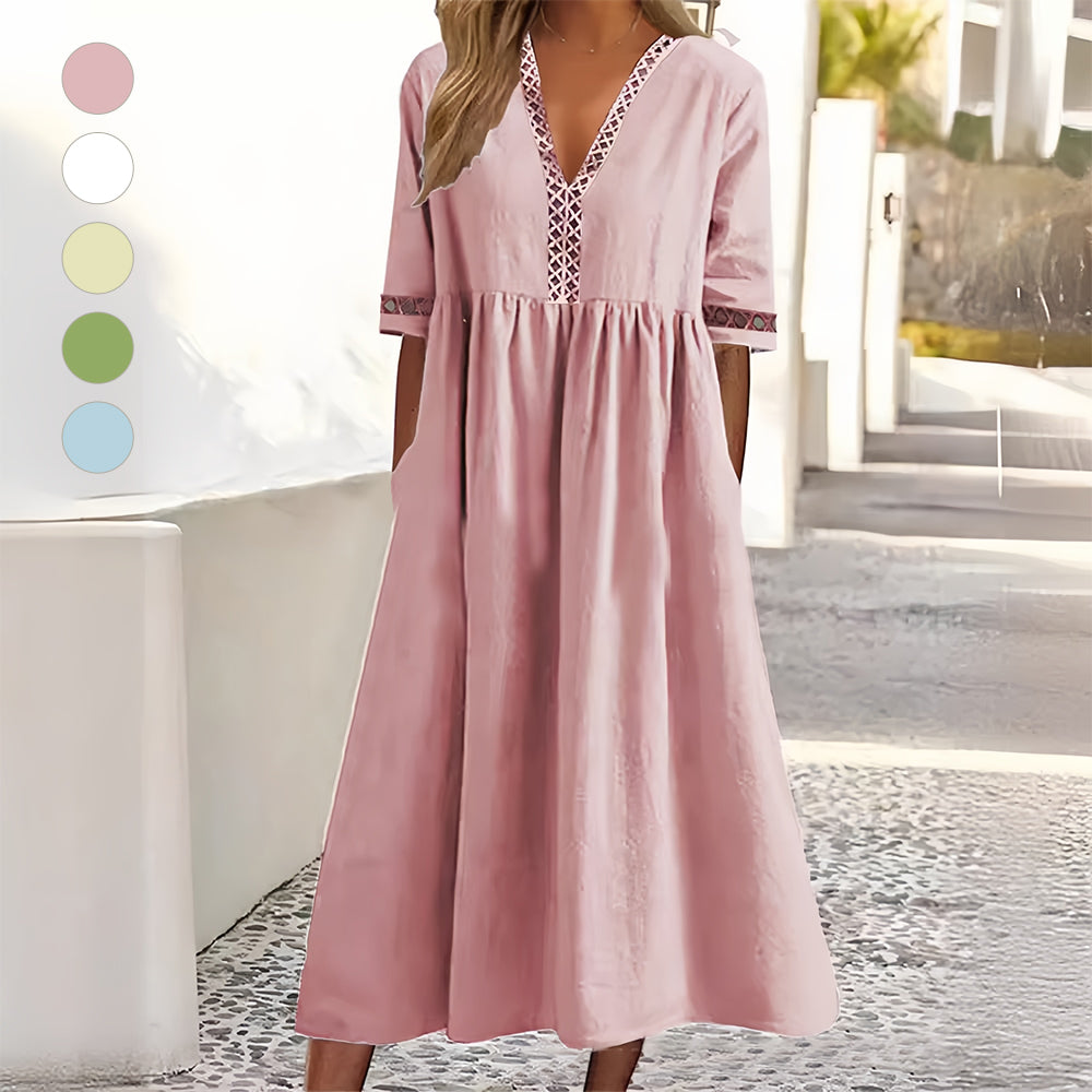 Valenzora | Casual, loose-fitting summer dress made of cotton and linen with a V-neck and short sleeves