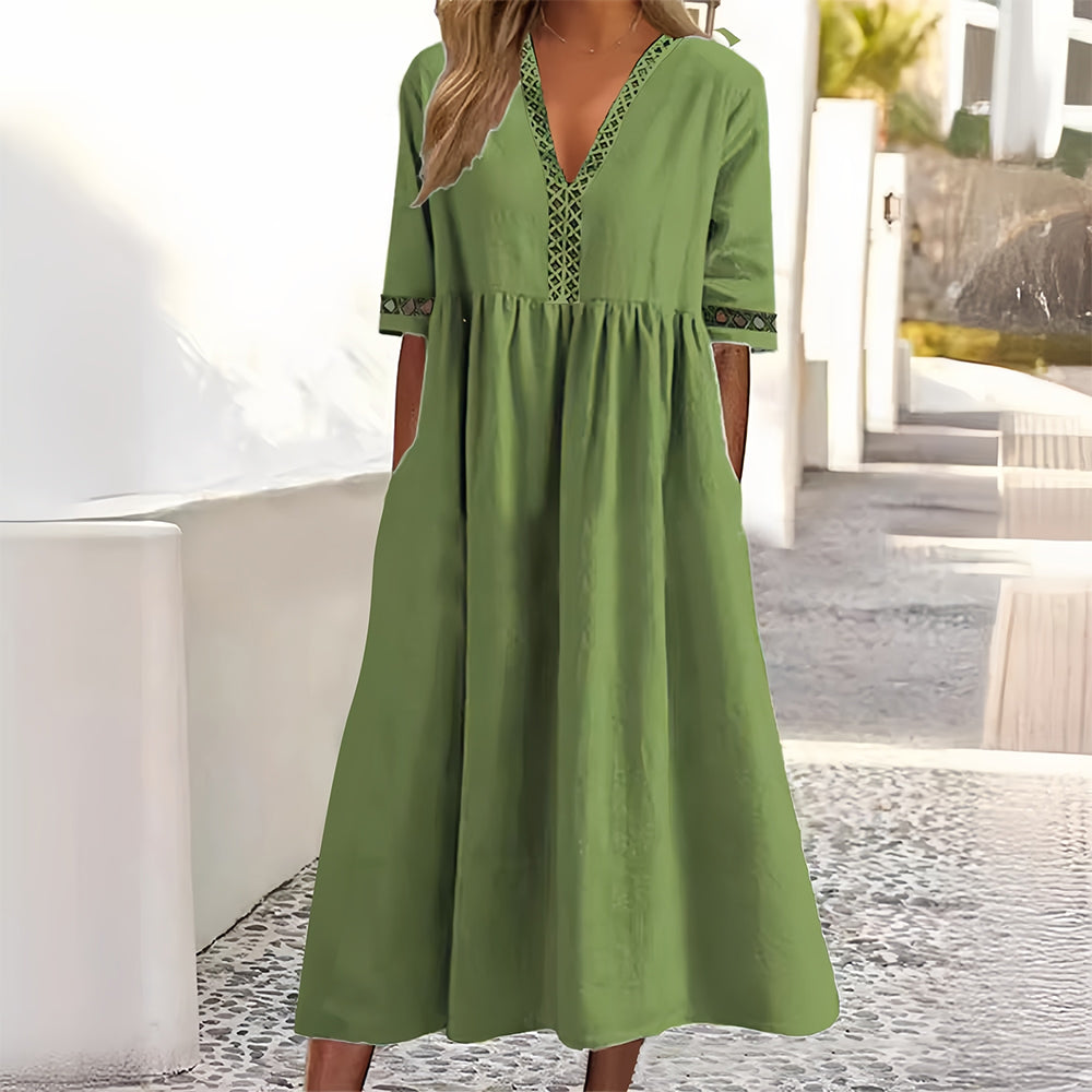 Valenzora | Casual, loose-fitting summer dress made of cotton and linen with a V-neck and short sleeves
