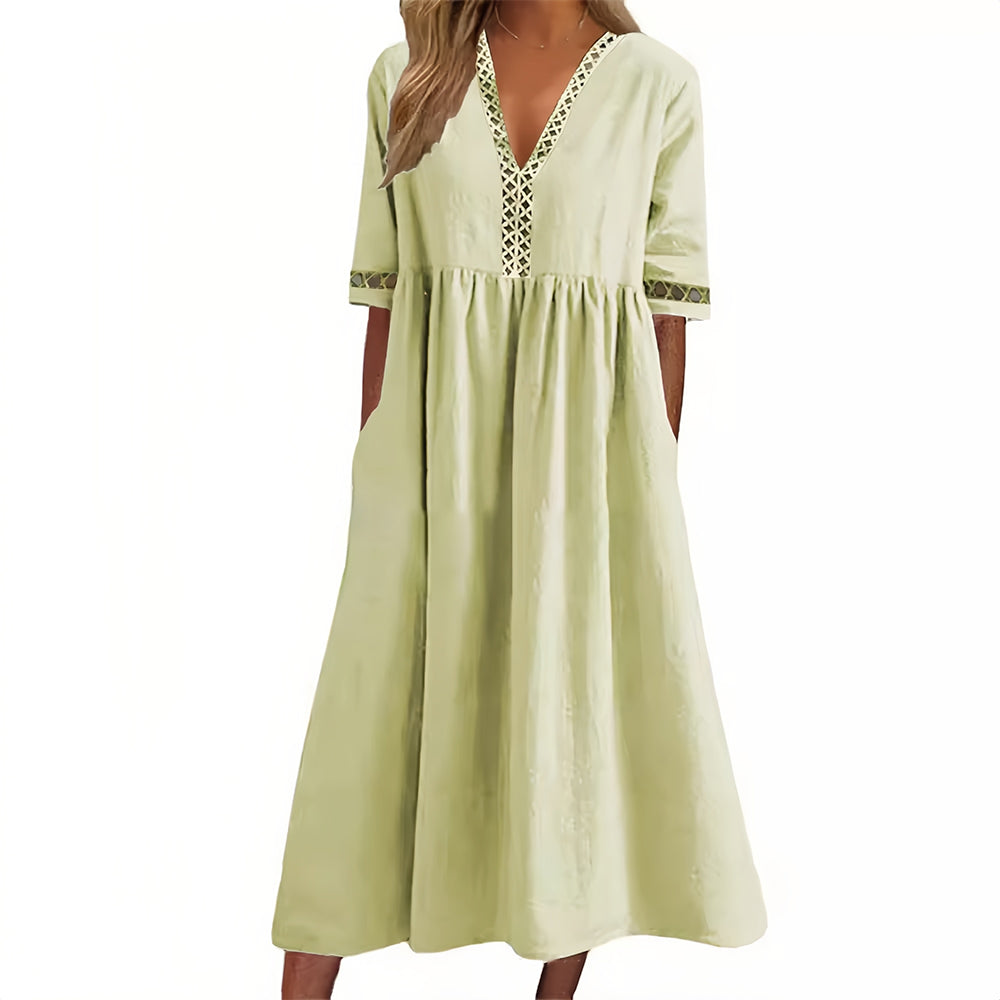 Valenzora | Casual, loose-fitting summer dress made of cotton and linen with a V-neck and short sleeves