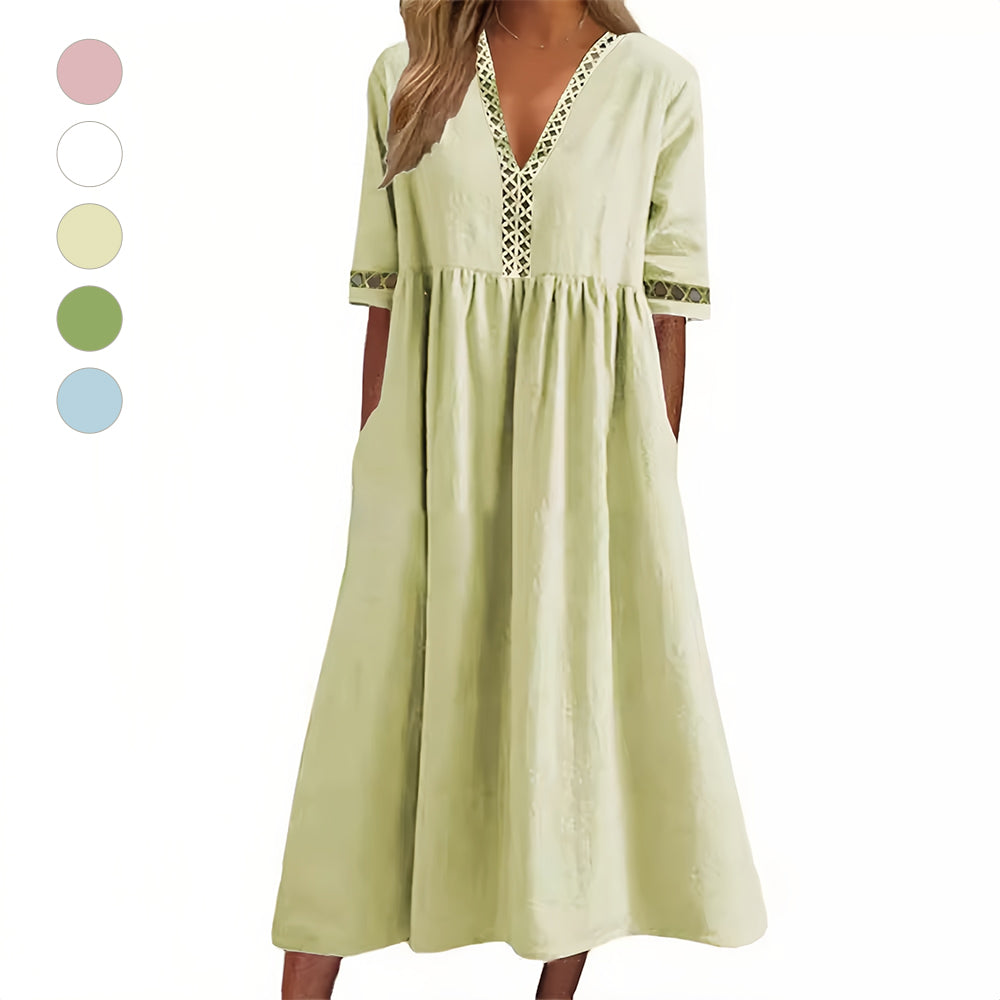 Valenzora | Casual, loose-fitting summer dress made of cotton and linen with a V-neck and short sleeves