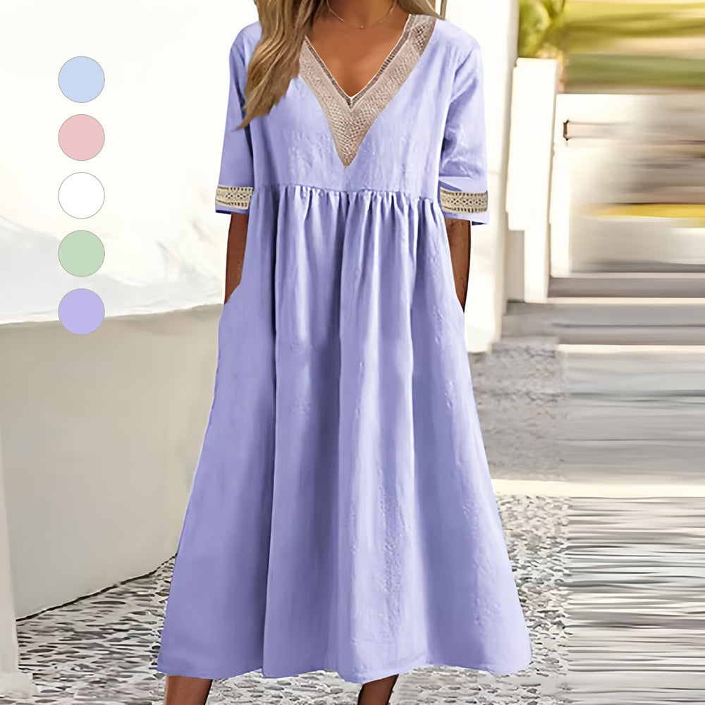 Valenzora | A-line midi summer dress with V-neck and short sleeves for women