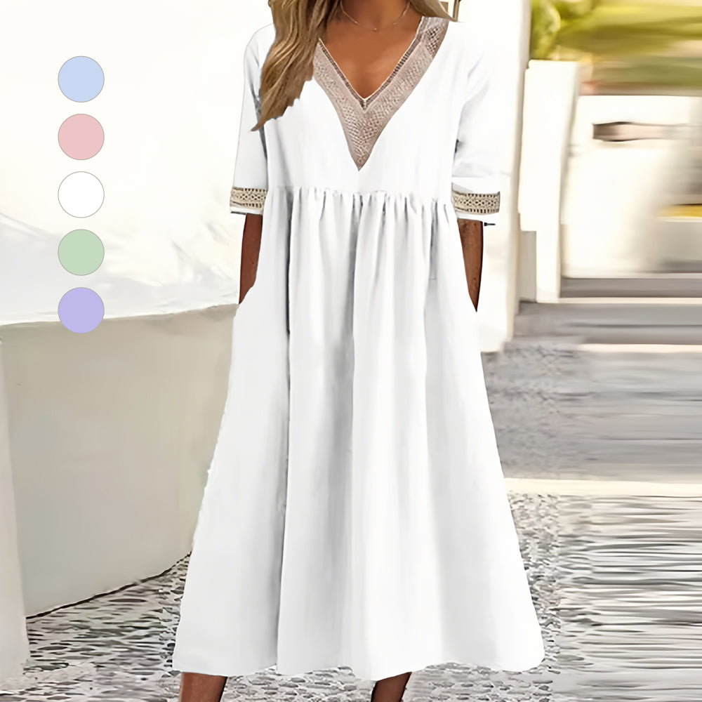 Valenzora | A-line midi summer dress with V-neck and short sleeves for women