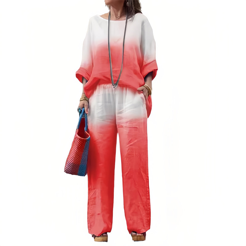 Valenzora | Damen T-Shirt und Hose aus Baumwolle und Leinen mit Farbverlauf und Rundhalsausschnitt
