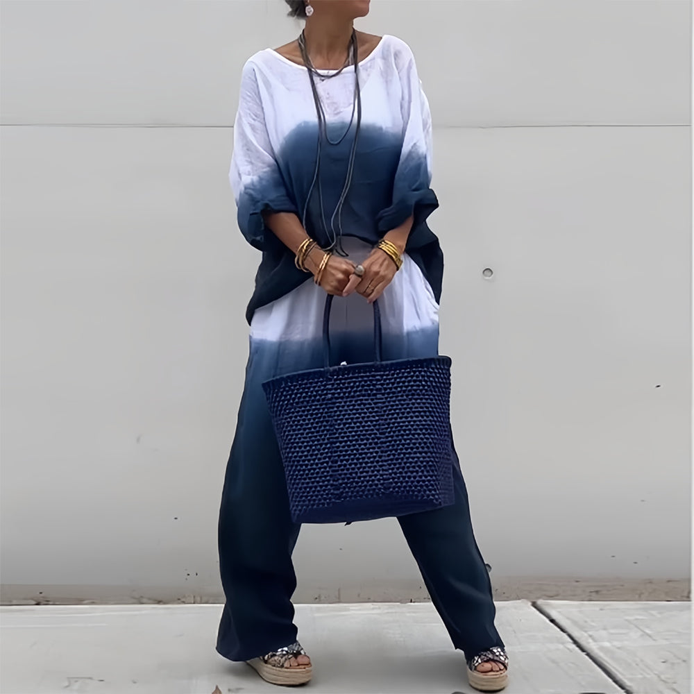 Valenzora | Damen T-Shirt und Hose aus Baumwolle und Leinen mit Farbverlauf und Rundhalsausschnitt