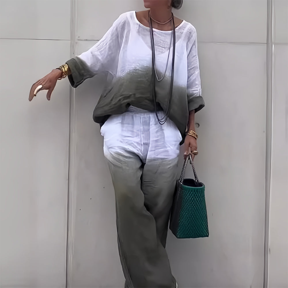 Valenzora | Damen T-Shirt und Hose aus Baumwolle und Leinen mit Farbverlauf und Rundhalsausschnitt