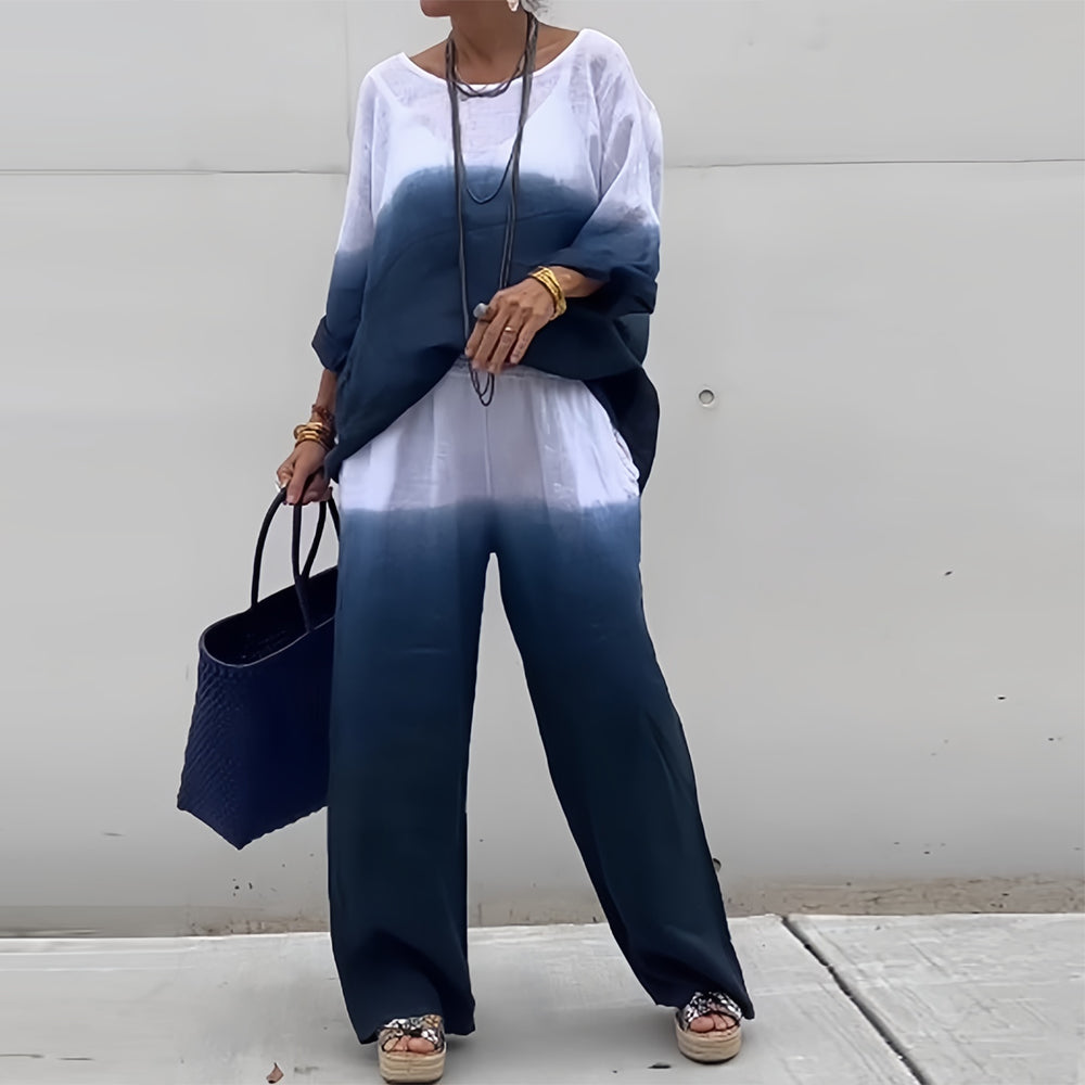 Valenzora | Damen T-Shirt und Hose aus Baumwolle und Leinen mit Farbverlauf und Rundhalsausschnitt