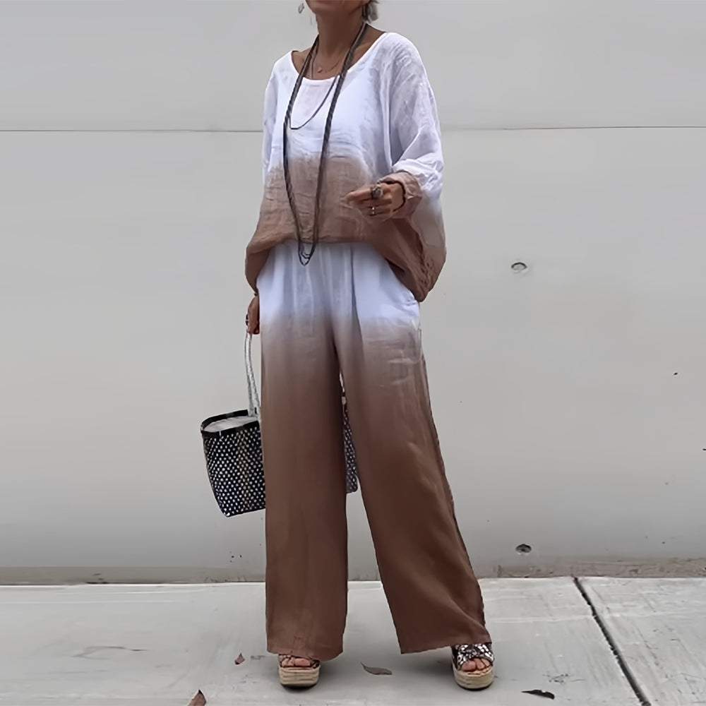 Valenzora | Damen T-Shirt und Hose aus Baumwolle und Leinen mit Farbverlauf und Rundhalsausschnitt