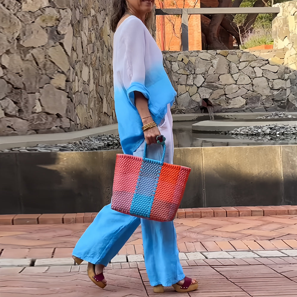 Valenzora | Damen T-Shirt und Hose aus Baumwolle und Leinen mit Farbverlauf und Rundhalsausschnitt