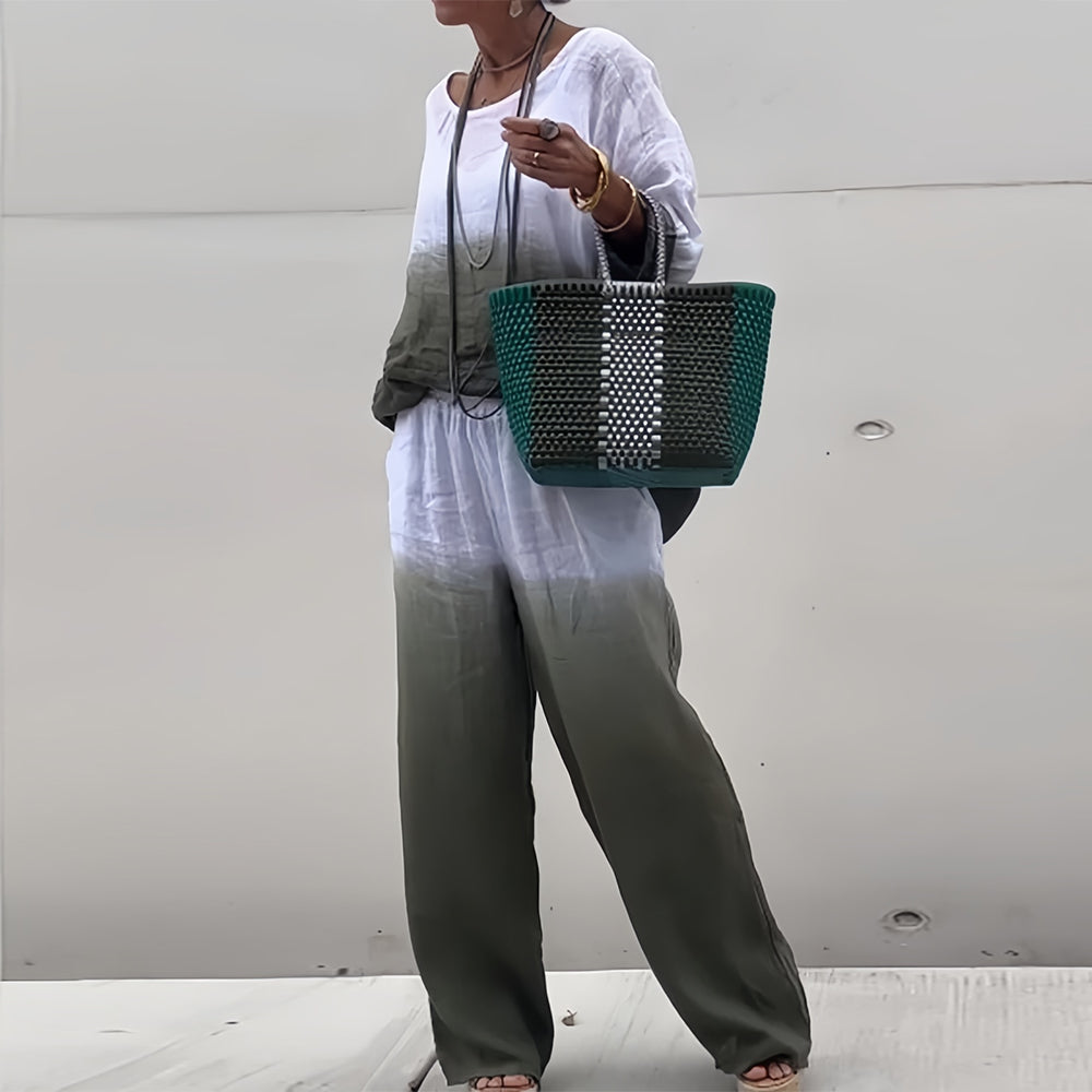 Valenzora | Damen T-Shirt und Hose aus Baumwolle und Leinen mit Farbverlauf und Rundhalsausschnitt