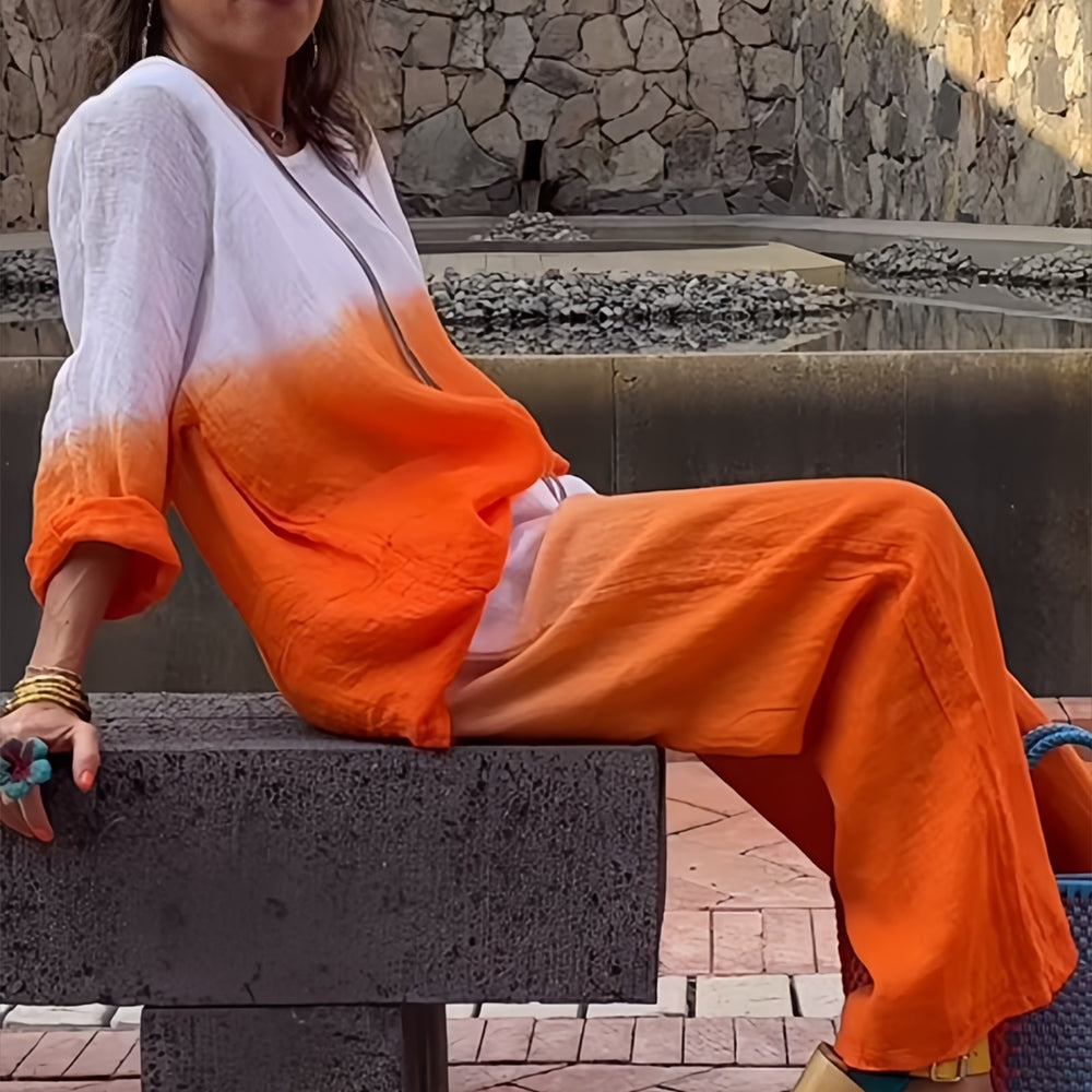 Valenzora | Damen T-Shirt und Hose aus Baumwolle und Leinen mit Farbverlauf und Rundhalsausschnitt