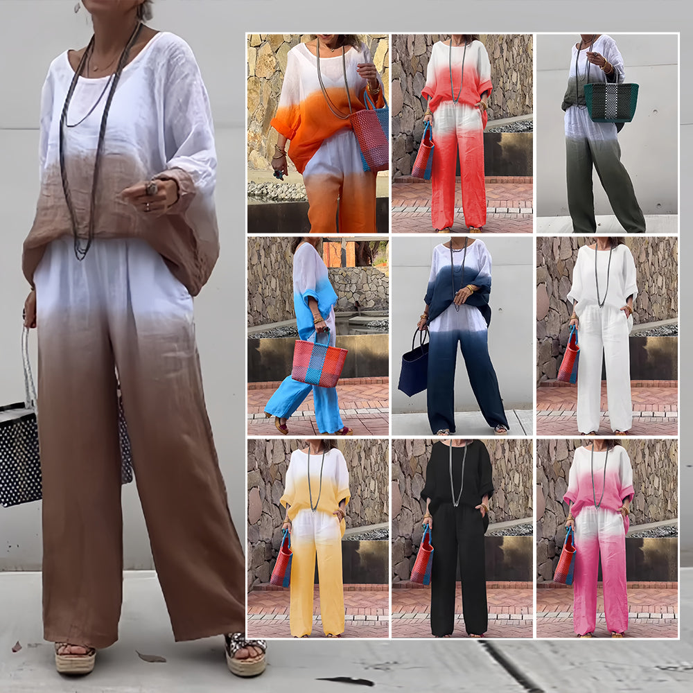 Valenzora | Damen T-Shirt und Hose aus Baumwolle und Leinen mit Farbverlauf und Rundhalsausschnitt