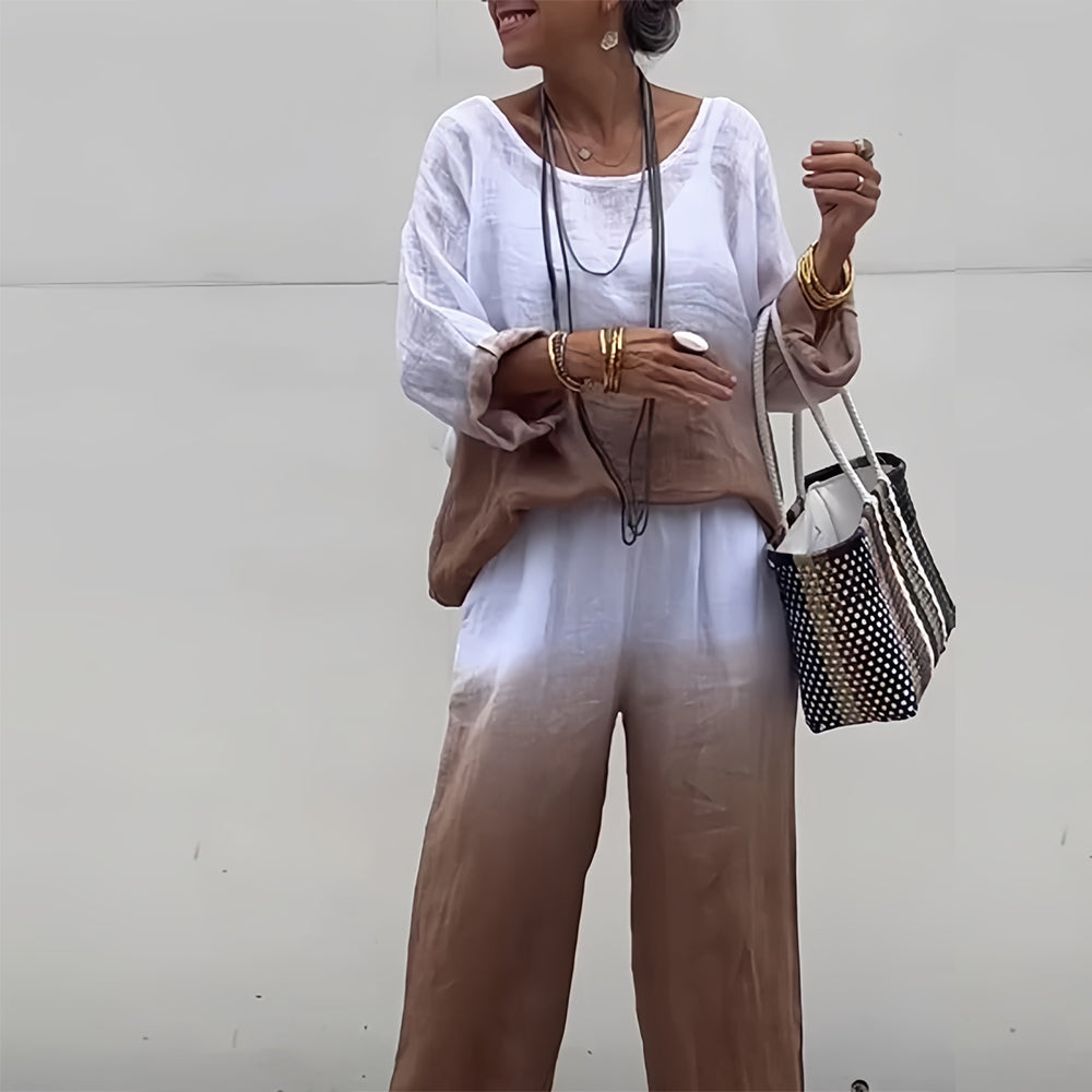 Valenzora | Damen T-Shirt und Hose aus Baumwolle und Leinen mit Farbverlauf und Rundhalsausschnitt
