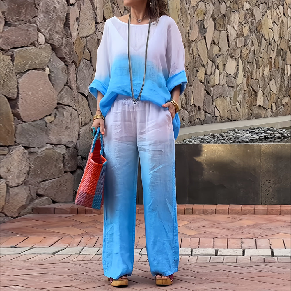 Valenzora | Damen T-Shirt und Hose aus Baumwolle und Leinen mit Farbverlauf und Rundhalsausschnitt