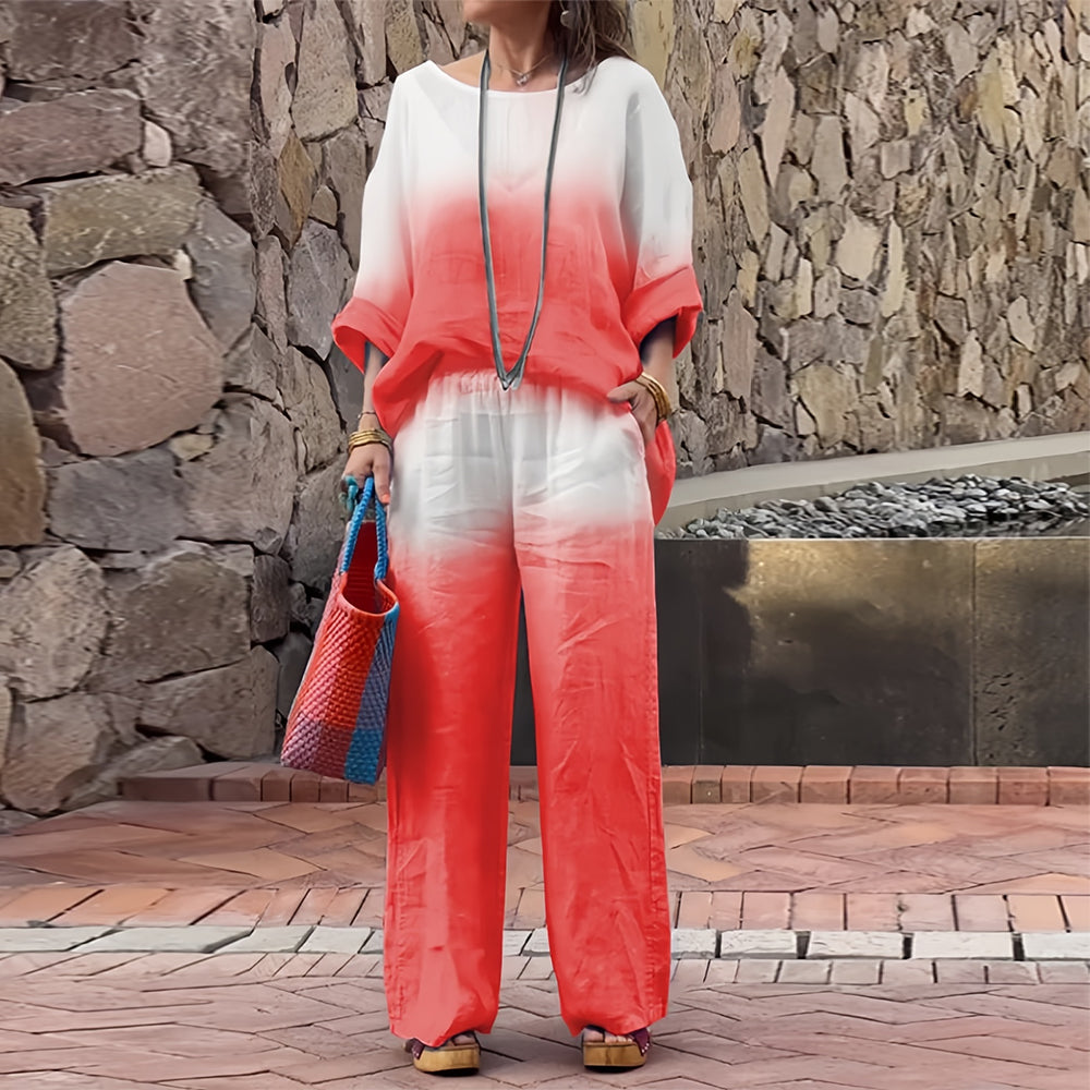 Valenzora | Damen T-Shirt und Hose aus Baumwolle und Leinen mit Farbverlauf und Rundhalsausschnitt
