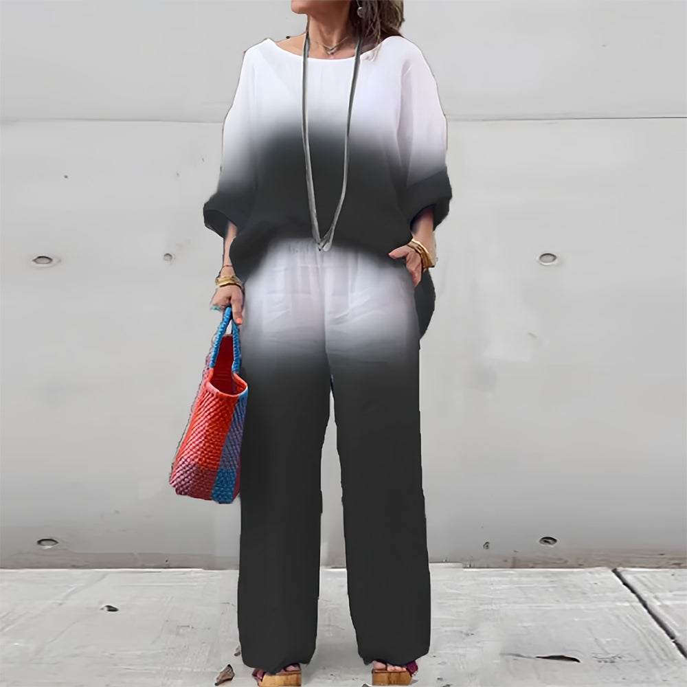 Valenzora | Damen T-Shirt und Hose aus Baumwolle und Leinen mit Farbverlauf und Rundhalsausschnitt