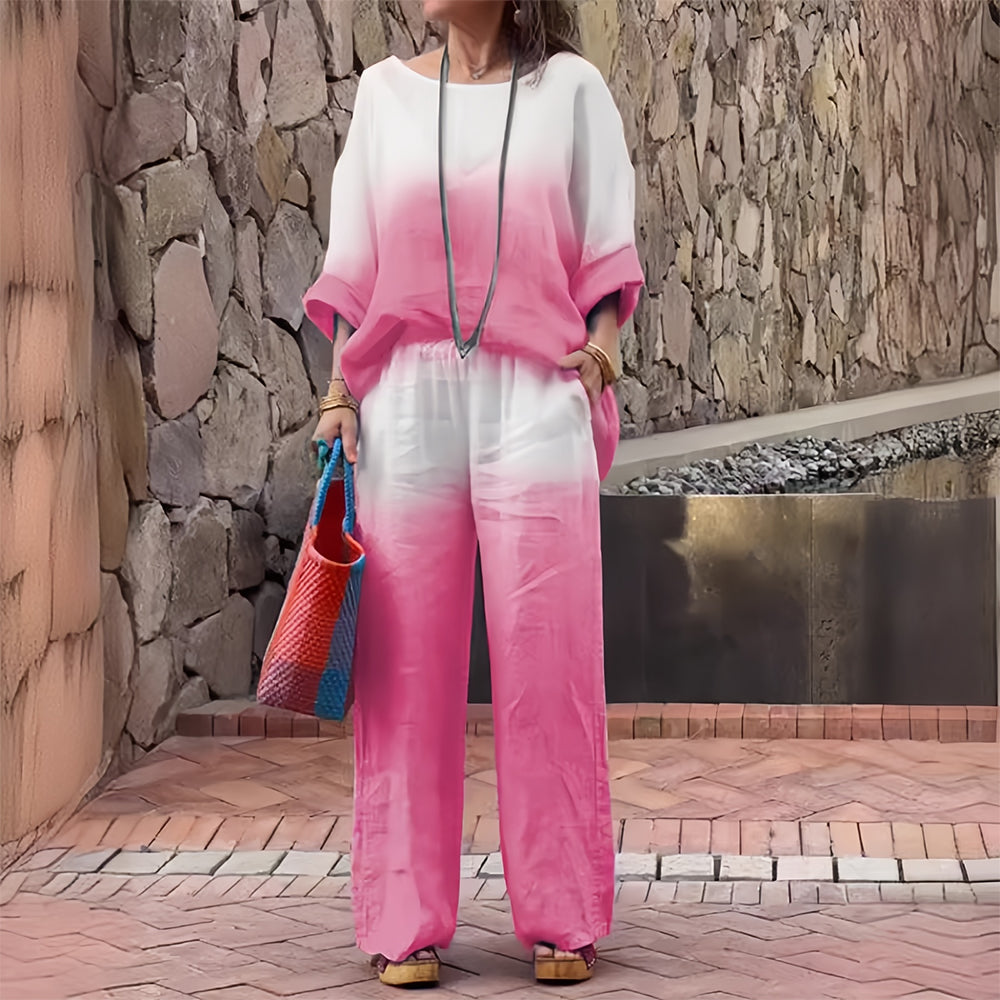 Valenzora | Damen T-Shirt und Hose aus Baumwolle und Leinen mit Farbverlauf und Rundhalsausschnitt