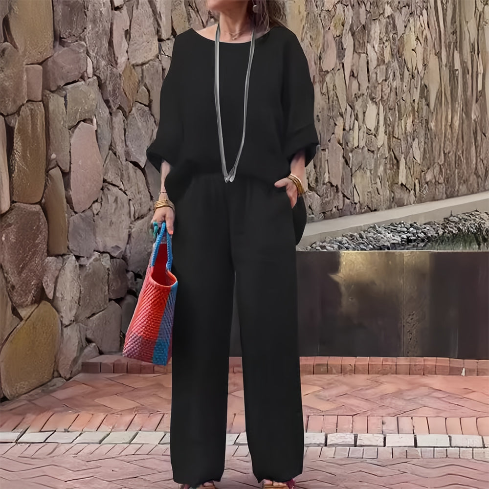 Valenzora | Damen T-Shirt und Hose aus Baumwolle und Leinen mit Farbverlauf und Rundhalsausschnitt