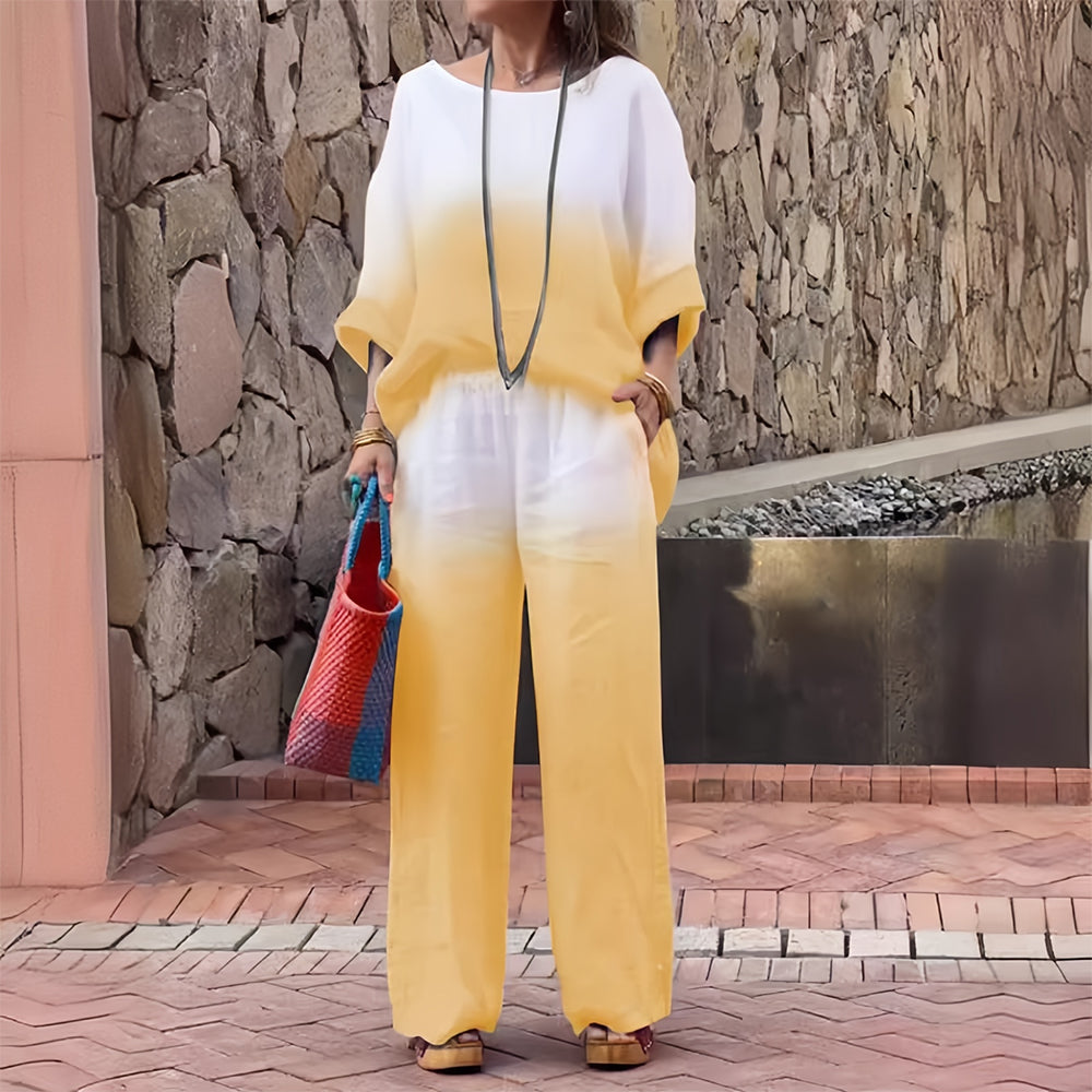 Valenzora | Damen T-Shirt und Hose aus Baumwolle und Leinen mit Farbverlauf und Rundhalsausschnitt