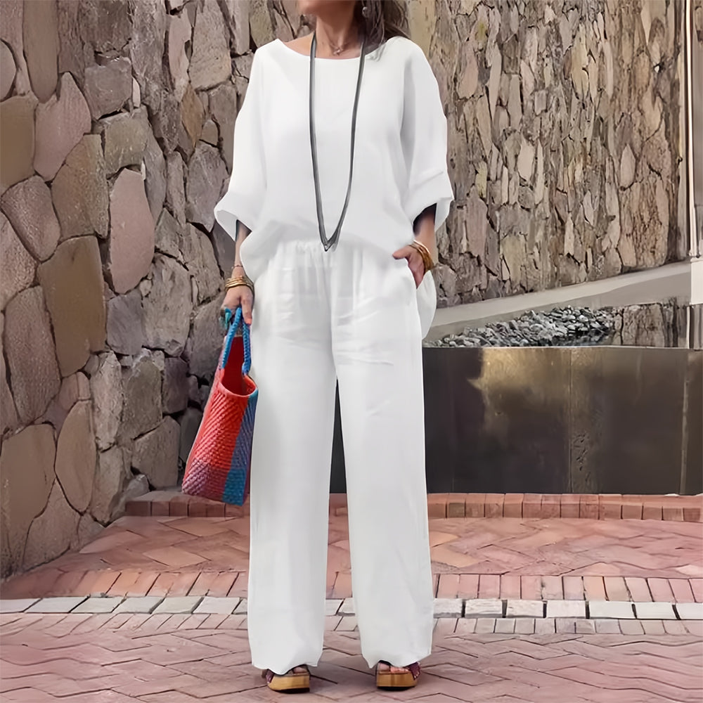 Valenzora | Damen T-Shirt und Hose aus Baumwolle und Leinen mit Farbverlauf und Rundhalsausschnitt