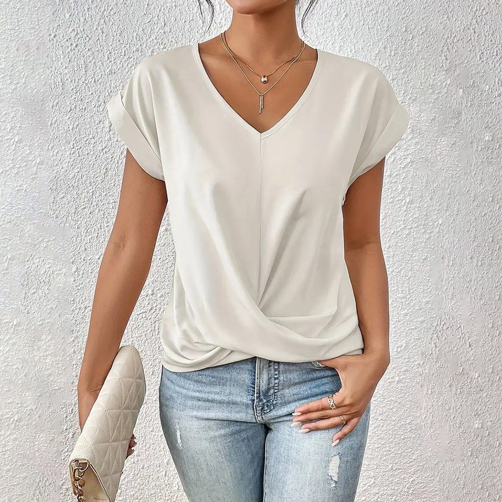 Valenzora | Elegantes, einfarbiges T-Shirt mit V-Ausschnitt und gedrehtem Saum für Damen